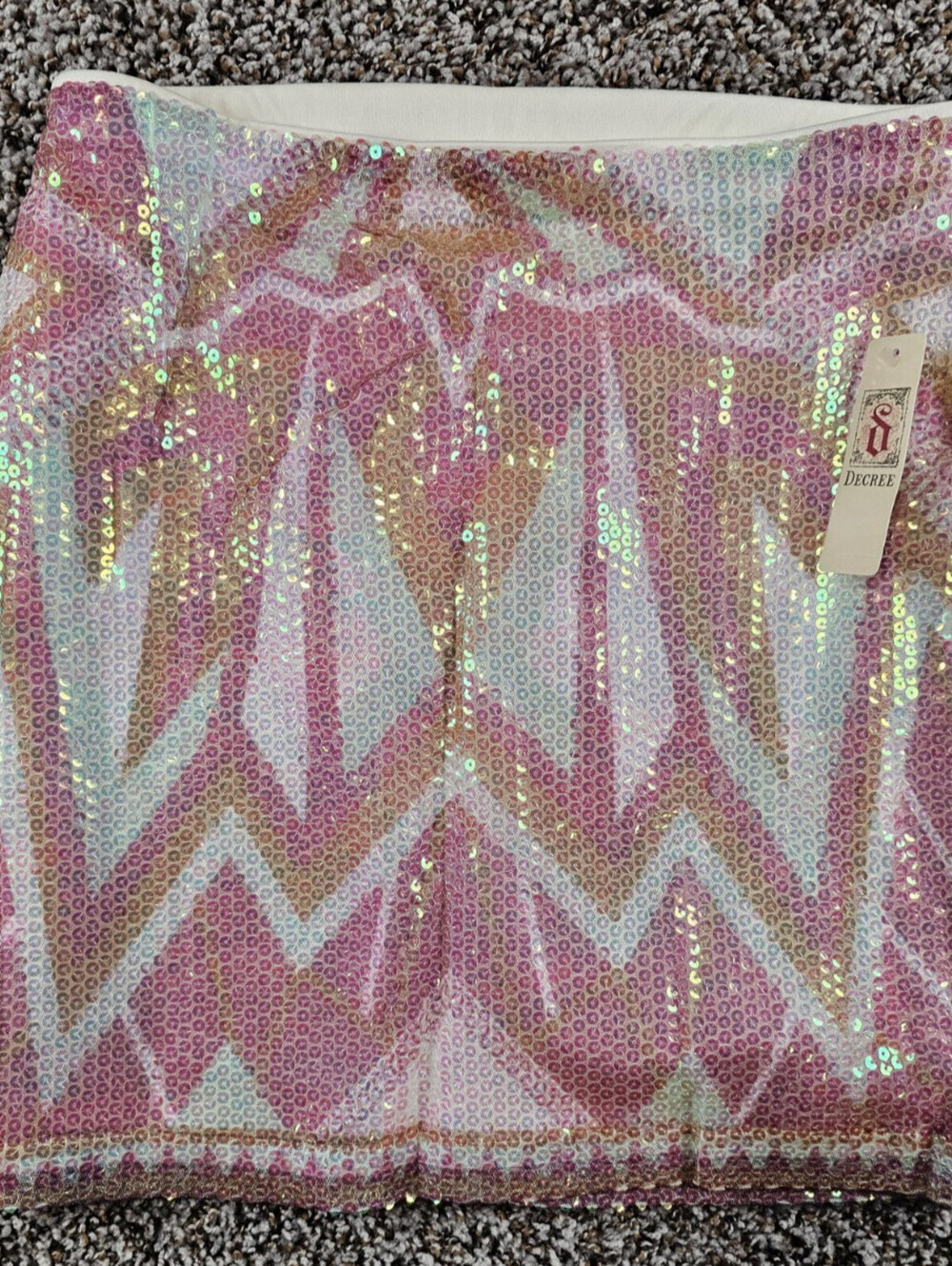 Decree Womens Sz M Mini Length Pencil Skirt Pink White Sequin Bling NEW